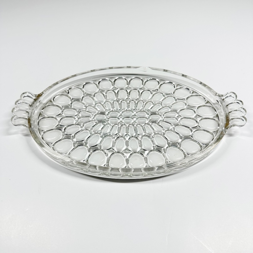 vintage Jeannette 12" Handled glass Tray Thumbprint gold trim platter glassware